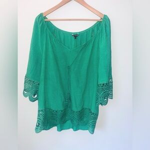 Green Knit Lace Trim Blouse